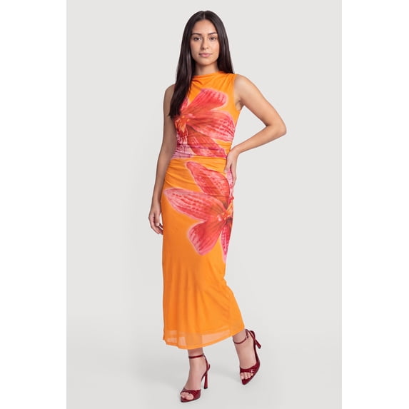 Women's Sleeveless Mock Neck Ruched Floral Mesh Maxi Dress