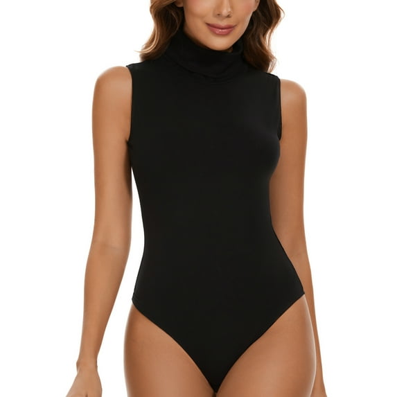 Women's Sleeveless Mock Turtle Neck Bodysuit Soft Slim Fit Stretchy Layer Top Classic Jumpsuit