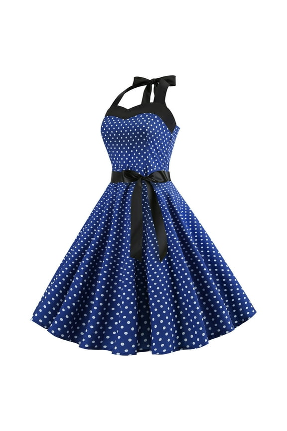 Women's Sleeveless Neck A-line Swing Vintage 1950s Cocktail Party Dress Polka Dot Print Bowknot Evening Prom Gowns