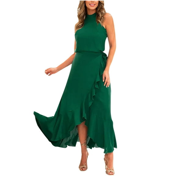 Women's Sleeveless Off The Shoulder Halter Neck Maxi Dress Tie Ruffle Split Formal Evening Party Long Dress