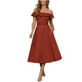 thumbnail image 1 of Women's Sleeveless Off-The-Shoulder Ruffle Maxi Dress A-Line Button Down Midi Swing Dress With Belt, 1 of 4