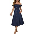 thumbnail image 1 of Women's Sleeveless Off-The-Shoulder Ruffle Maxi Dress A-Line Button Down Midi Swing Dress With Belt, 1 of 3