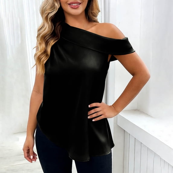 Women's Sleeveless Off-the-Shoulder Blouse with Asymmetrical Hem in Solid Color