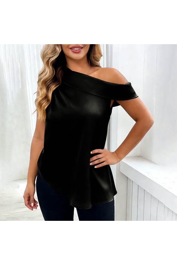 Women's Sleeveless Off-the-Shoulder Blouse with Asymmetrical Hem in Solid Color