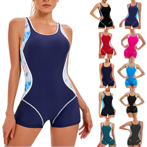 Women's Sleeveless One Piece Wetsuit Conservative Sexy Backless Color Matching Swimsuit with Removable Bra Pads Boxer Style for Swimming,Red,L