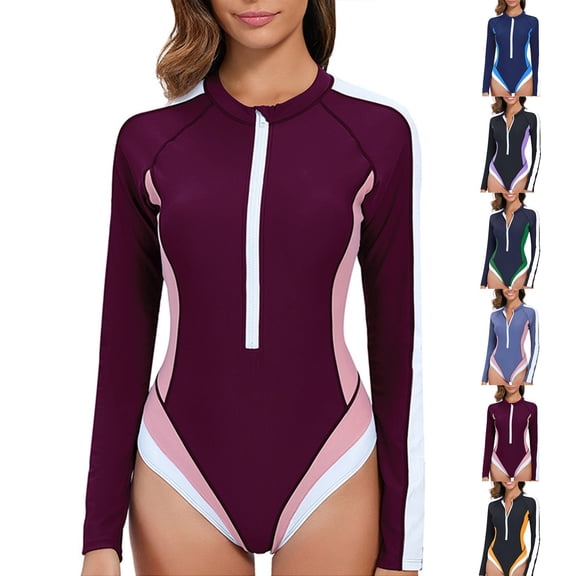 Women's Sleeveless One Piece Wetsuit Conservative Sexy Backless Color Matching Swimsuit with Removable Bra Pads for Swimming Vacation,Dark Purple,3XL