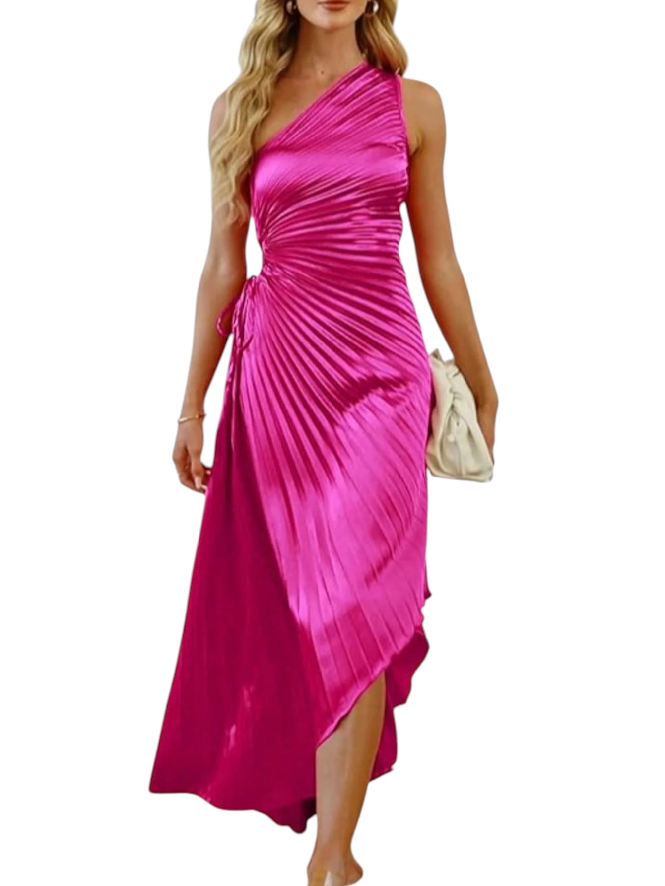 Women's One Shoulder Pleated Maxi Dress  Vibrant Magenta Cut Out Summer  Party Dress, Sleeveless Slim Fit - Walmart.com