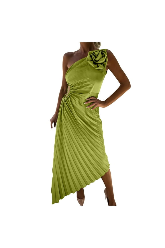 Women's Sleeveless One-Shoulder Pleated Waist Cutout Maxi Dress Solid Color Asymmetrical Hem Evening Gown