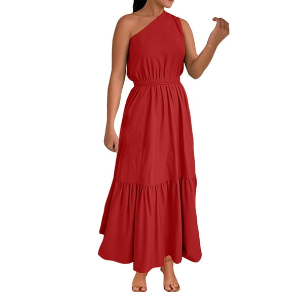 Women's Sleeveless One Shoulder Waist Maxi Dress Elegant Solid Color Ruffle Hem Flowy Long Dress