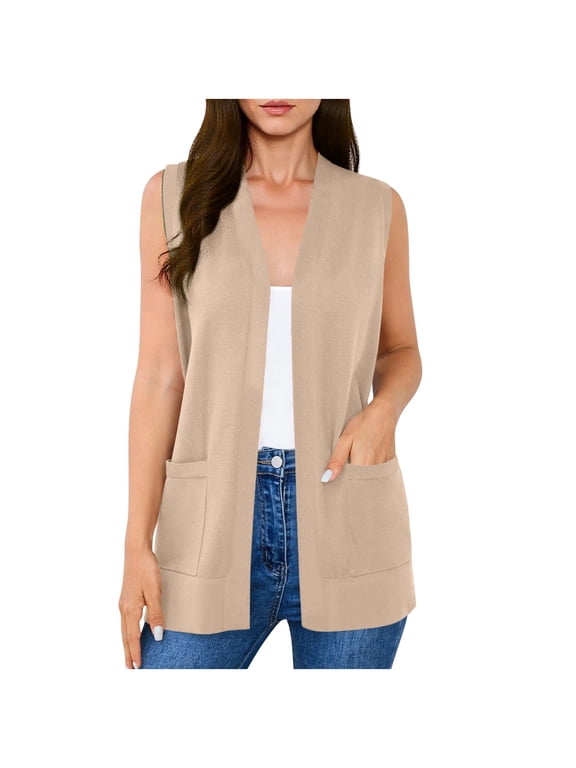Women's Sleeveless Open Front Cardigan Vest Solid Longline Casual Summer Layering Tunic Tops Loose Fit Draped Duster with Pockets Fashion Soft Lounging Jackets