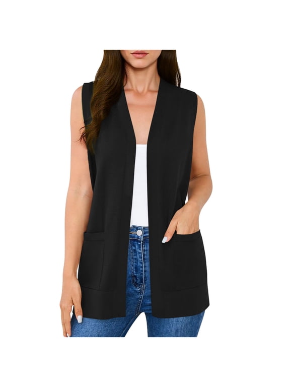 Women's Sleeveless Open Front Cardigan Vest Solid Longline Casual Summer Layering Tunic Tops Loose Fit Draped Duster with Pockets Fashion Soft Lounging Jackets