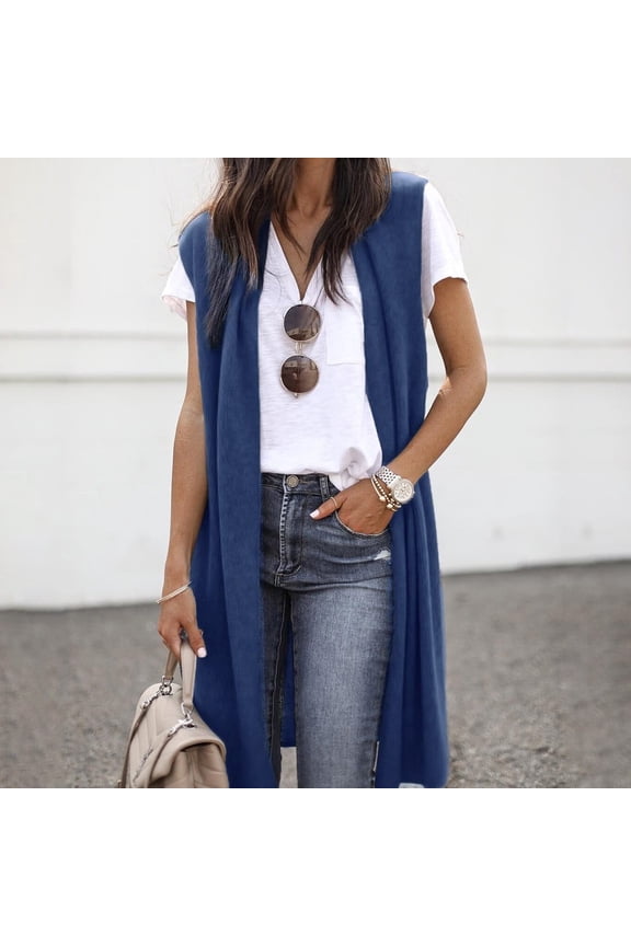 Women's Sleeveless Open Front Pocket Casual Lightweight Kimono Cardigan Coat for Layering, in Navy Blue, Size S