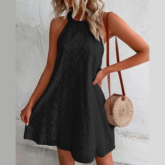 Women's Sleeveless Openwork Pattern Racerback Flared Casual Plain Tank Dress