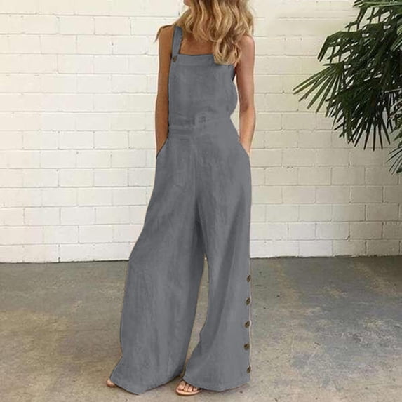 Women's Sleeveless Overalls Jumpsuit Casual Solid Summer Wide Leg Bib Pants Bottons Wide Leg Jumpsuit Romper With Pockets Long Sleeve Swing Dress for Women Dress Summer Wrap Dresses Summer Short