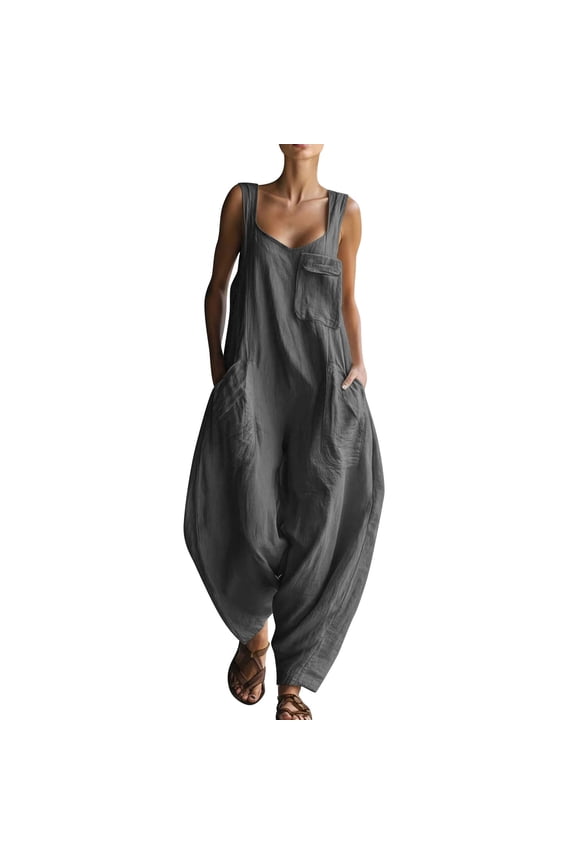 Women's Sleeveless Overalls Jumpsuit Loose Harem Pants Casual Boho Multi-Pocket Wide Strap Comfy Linen-like Jumpsuit for All Seasons Daily Travel Beach