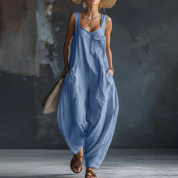 Women's Sleeveless Overalls Jumpsuit with Pockets, Loose Fit Casual Romper for Everyday Wear