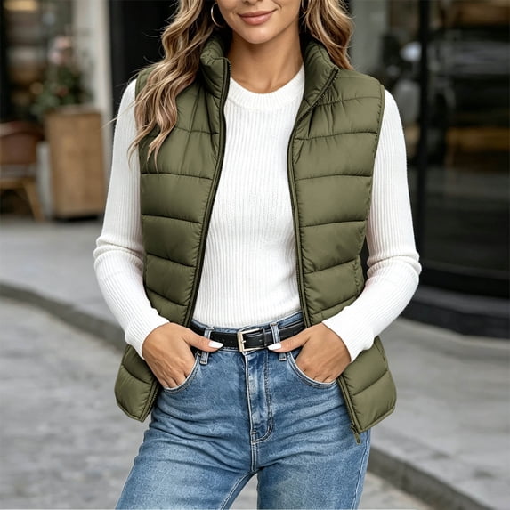 Women's Sleeveless Padded Gilet Vest, Stand Collar Quilted Puffer Waistcoat With Pockets, Sleeveless Quilted Casual Outerwear For Women, Lightweight Warm Vest Army Green XL