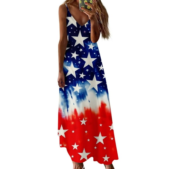 Women's Sleeveless Patriotic Stars and Stripes Maxi Dress, Casual Summer Beachwear Overalls Skirt for Independence Day 4th of July,Light Blue S