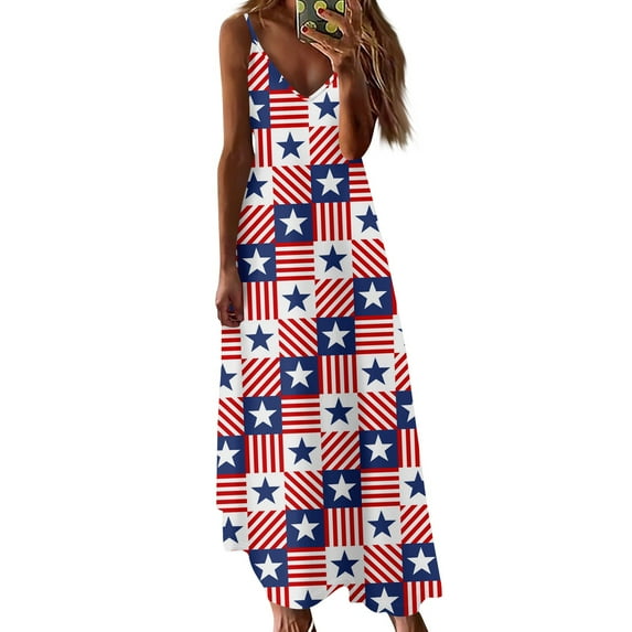 Women's Sleeveless Patriotic Stars and Stripes Maxi Dress, Casual Summer Beachwear Overalls Skirt for Independence Day 4th of July,Wine M