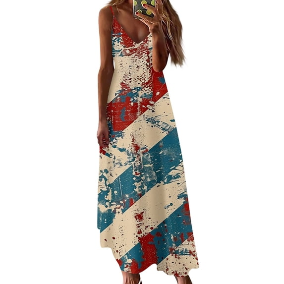 Women's Sleeveless Patriotic V-Neck Maxi Dress, American Flag Print Casual Summer Sundress for Independence Day 4th of July ,Dark Blue L