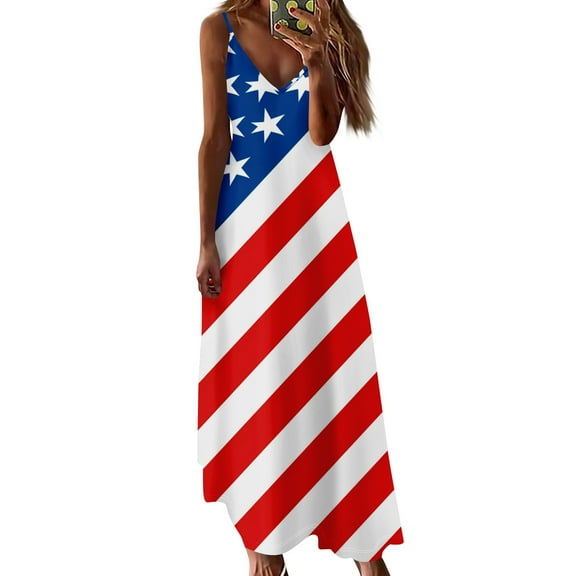 Women's Sleeveless Patriotic V-Neck Maxi Dress, American Flag Print Casual Summer Sundress for Independence Day 4th of July ,Sky Blue S