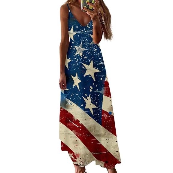 Women's Sleeveless Patriotic V-Neck Maxi Dress, American Flag Print Casual Summer Sundress for Independence Day 4th of July ,Vermilion 2XL