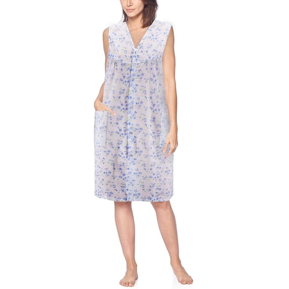 Women's Sleeveless Pearl Snap Button Floral Duster Nightgown Lounger Robe G168 (Blue, 2XL)