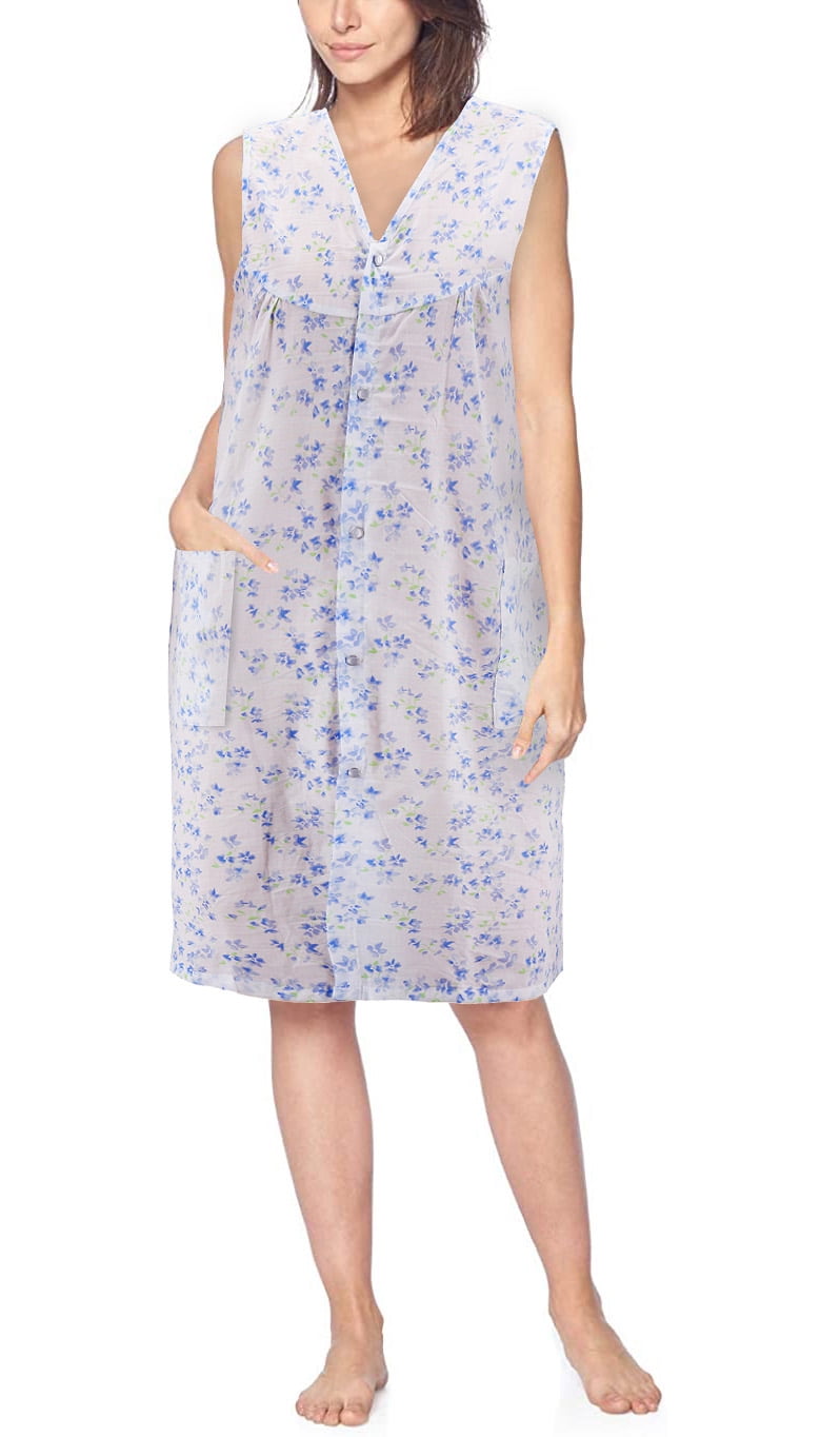 Women's Sleeveless Pearl Snap Button Floral Duster Nightgown Lounger