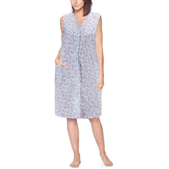 Women's Sleeveless Pearl Snap Button Floral Duster Nightgown Lounger Robe G168 (Green, 2XL)