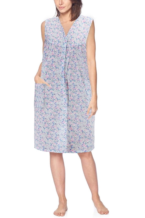 Women's Sleeveless Pearl Snap Button Floral Duster Nightgown Lounger Robe G168 (Green, 2XL)