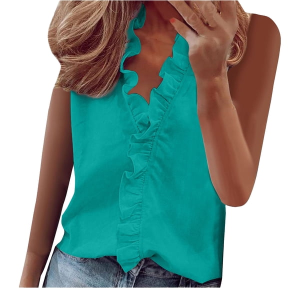 Women's Sleeveless Peplum Tank - Ruffle Hem Summer Top, Flowy Casual V-Neck Shirt (S-XXXL, 6 Colors) | Yubnlvae (Blue | L)