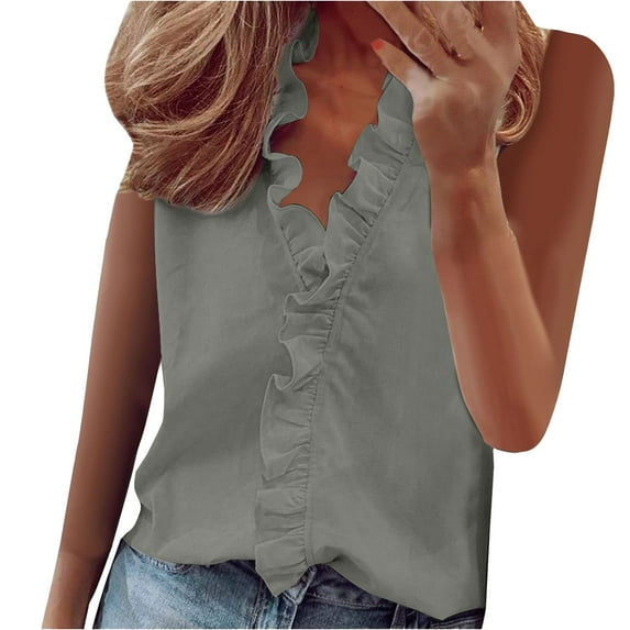 Women's Sleeveless Peplum Tank - Ruffle Hem Summer Top, Flowy Casual V-Neck Shirt (S-XXXL, 6 Colors) | Yubnlvae (Grey | 3XL)