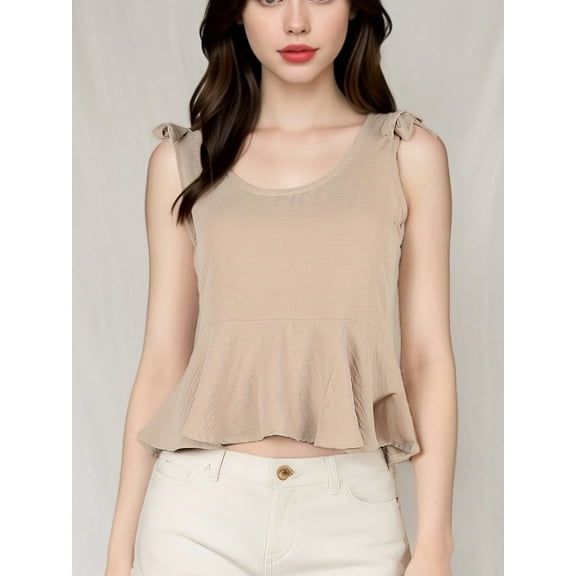 Women's Sleeveless Peplum Top With Tie Shoulder Straps And Scoop Neck- Small, Beige