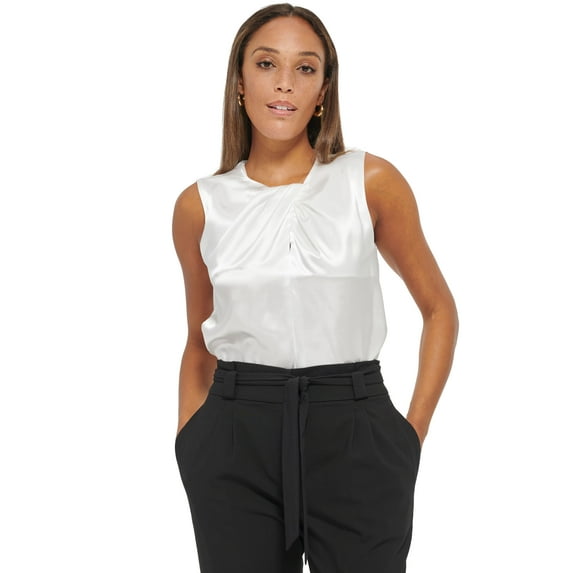 Women's Sleeveless Pleat Neck Top White S