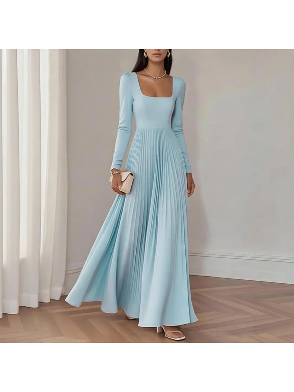 Women's Sleeveless Pleated Maxi Dress, Elegant Fitted Bodycon Long Gown, Textured Ruched Formal Evening Dress for Wedding Party Cocktail 06-Sky Blue M