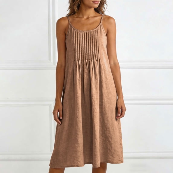 Women’s Sleeveless Pleated Midi Dress, Adjustable Straps, Flowy Casual Summer Sundress with Front Detail