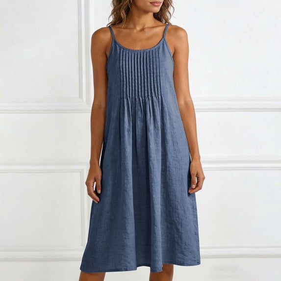 Women’s Sleeveless Pleated Midi Dress, Adjustable Straps, Flowy Casual Summer Sundress with Front Detail