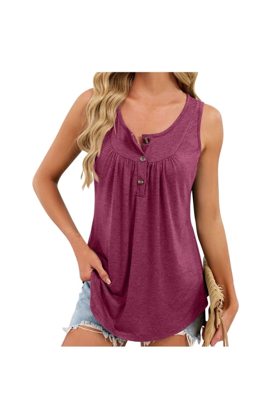Women's Sleeveless Pleated Tank Top Crew Neck Casual Flowy Top Button-Decor Loose Summer Tank Tops,L,Wine