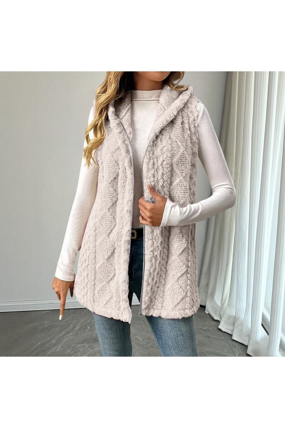 Women's Sleeveless Plush Vest, Mid Length Hooded Jacket with Zip Front, Soft Pile Fleece Outerwear, Embossed Pattern Casual Coat, Cozy Fall Winter Seasonal Layer Beige L