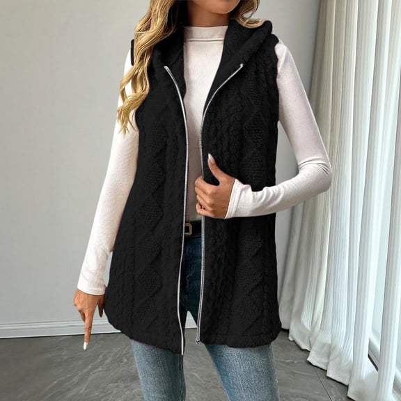 Women's Sleeveless Plush Vest, Mid Length Hooded Jacket with Zip Front, Soft Pile Fleece Outerwear, Embossed Pattern Casual Coat, Cozy Fall Winter Seasonal Layer Black XL