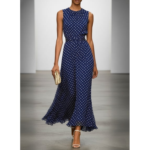 Women's Polka Dot Maxi Dress Sleeveless Round Neck Ruched Waist Flowy Chiffon Navy Blue