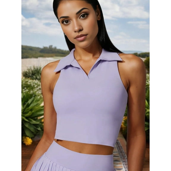 Women's Sleeveless Polo Crop Top with Collared Neckline and Stretch Fabric- Large, Purple