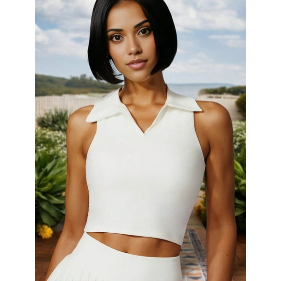 Women's Sleeveless Polo Crop Top with Collared Neckline and Stretch Fabric- Large, White