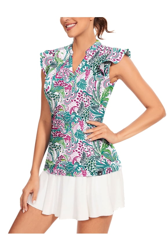 Women’s Sleeveless Polo Shirt – Quick Dry Ruffle Sleeve V-Neck Golf Shirt with UPF 50+