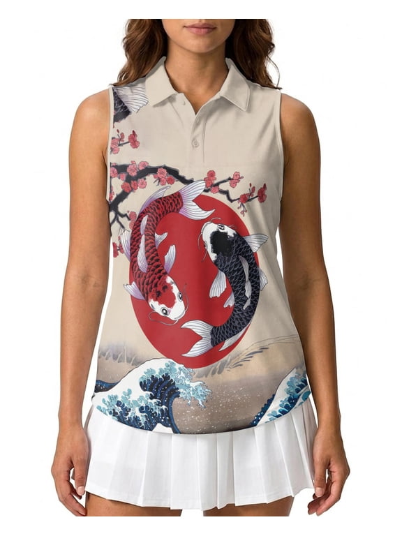 Women’s Sleeveless Polo Shirt with Yin Yang Koi Fish Print, Collared Quick Dry Moisture Wicking Golf Sport Tank Top