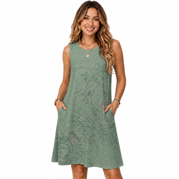 Women's Sleeveless Printed A-Line Casual Dress with Pockets