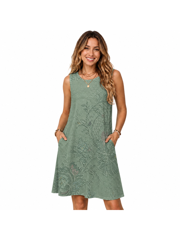 Women's Sleeveless Printed A-Line Casual Dress with Pockets