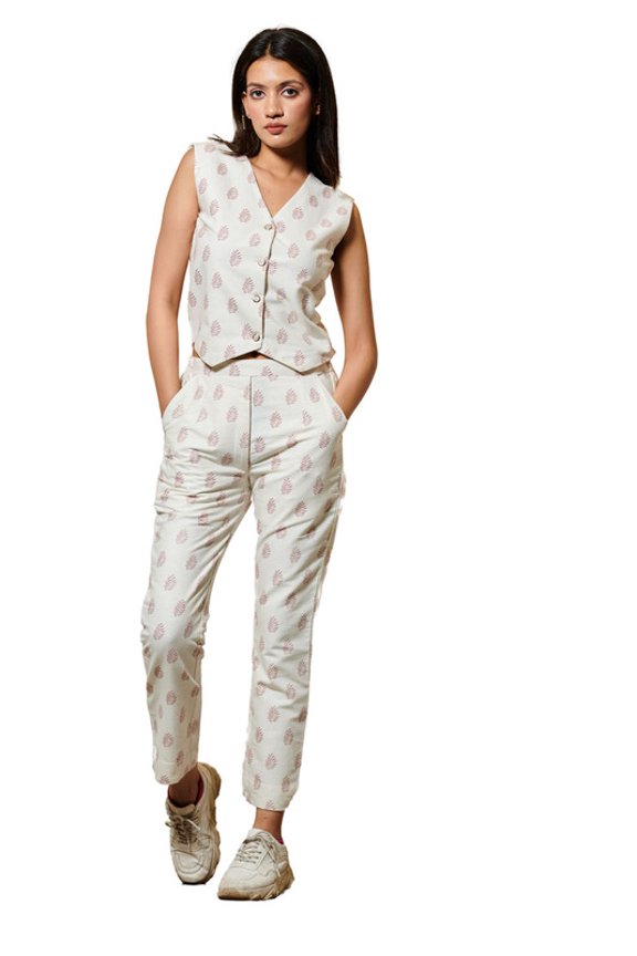 Women's Sleeveless Printed Co-Ord Set - Subtle Leaf Pattern in Off-White