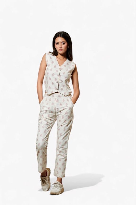 Women's Sleeveless Printed Co-Ord Set - Subtle Leaf Pattern in Off-White