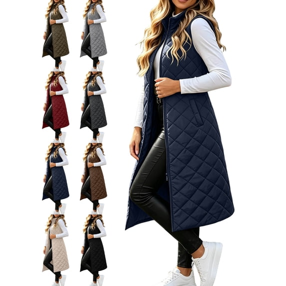 Women's Sleeveless Puffer Vests,Stand Collar Zip Up Oversized Long Quilted Warm Coat With Pockets